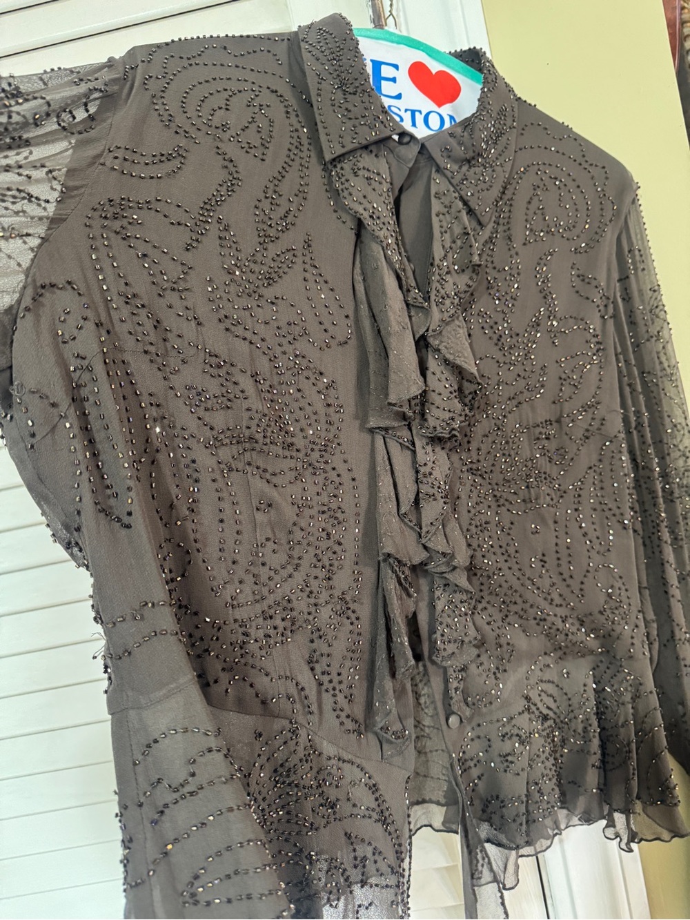 Women's Black Beaded Ruffle Front Button-Down Blouse - Picture 2 of 8